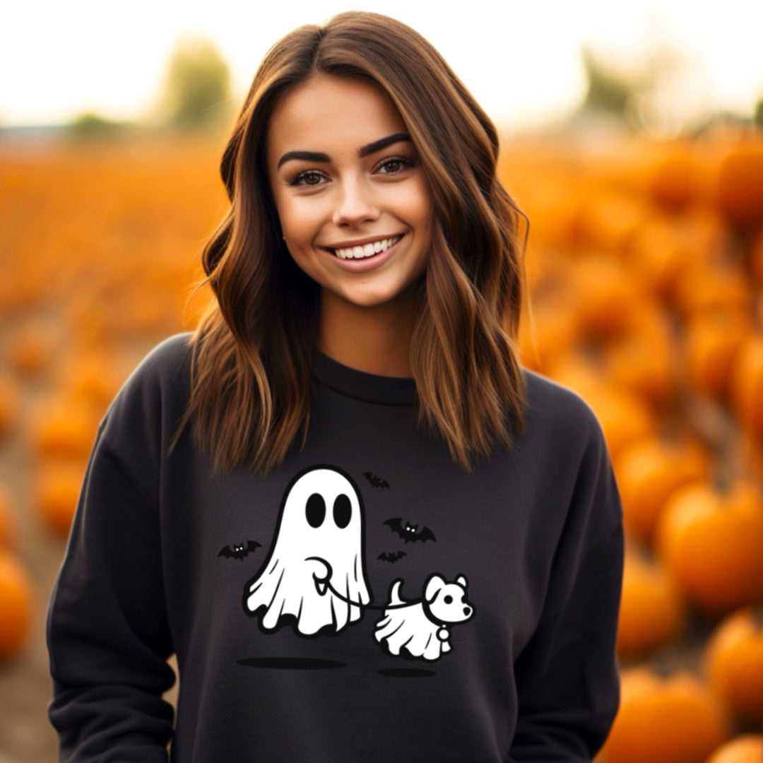 Cute Ghost Walking The Dog - Halloween Crew Sweatshirt