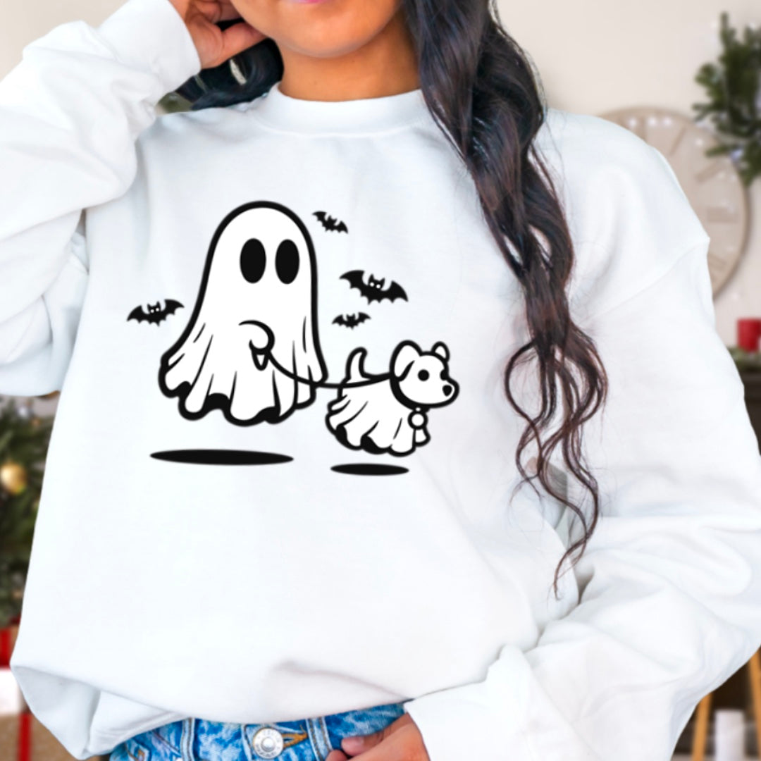 Cute Ghost Walking The Dog - Halloween Crew Sweatshirt