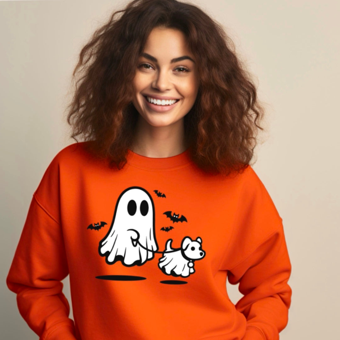 Cute Ghost Walking The Dog - Halloween Crew Sweatshirt