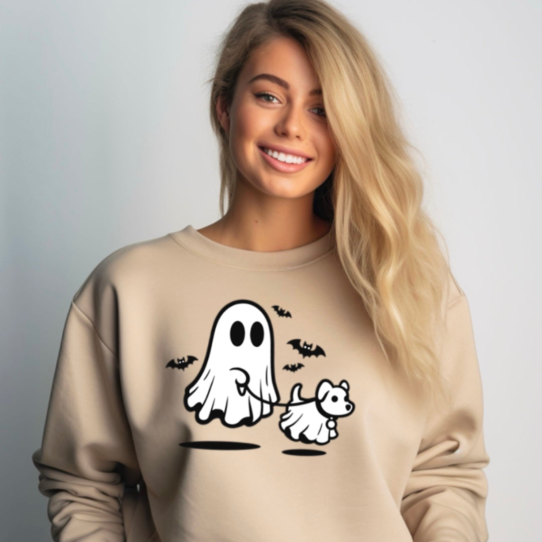 Cute Ghost Walking The Dog - Halloween Crew Sweatshirt