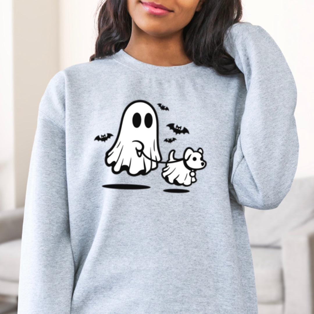 Cute Ghost Walking The Dog - Halloween Crew Sweatshirt