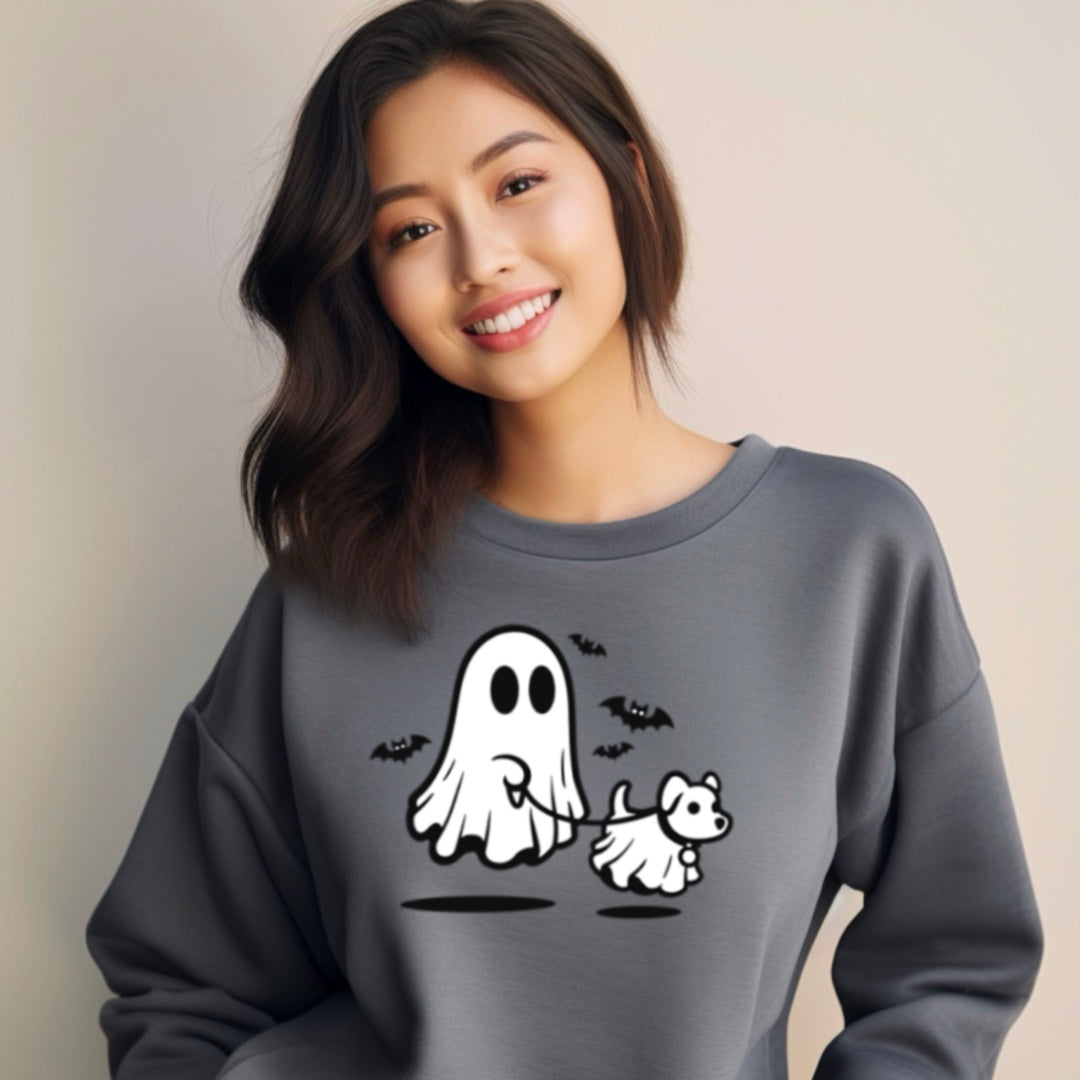Cute Ghost Walking The Dog - Halloween Crew Sweatshirt