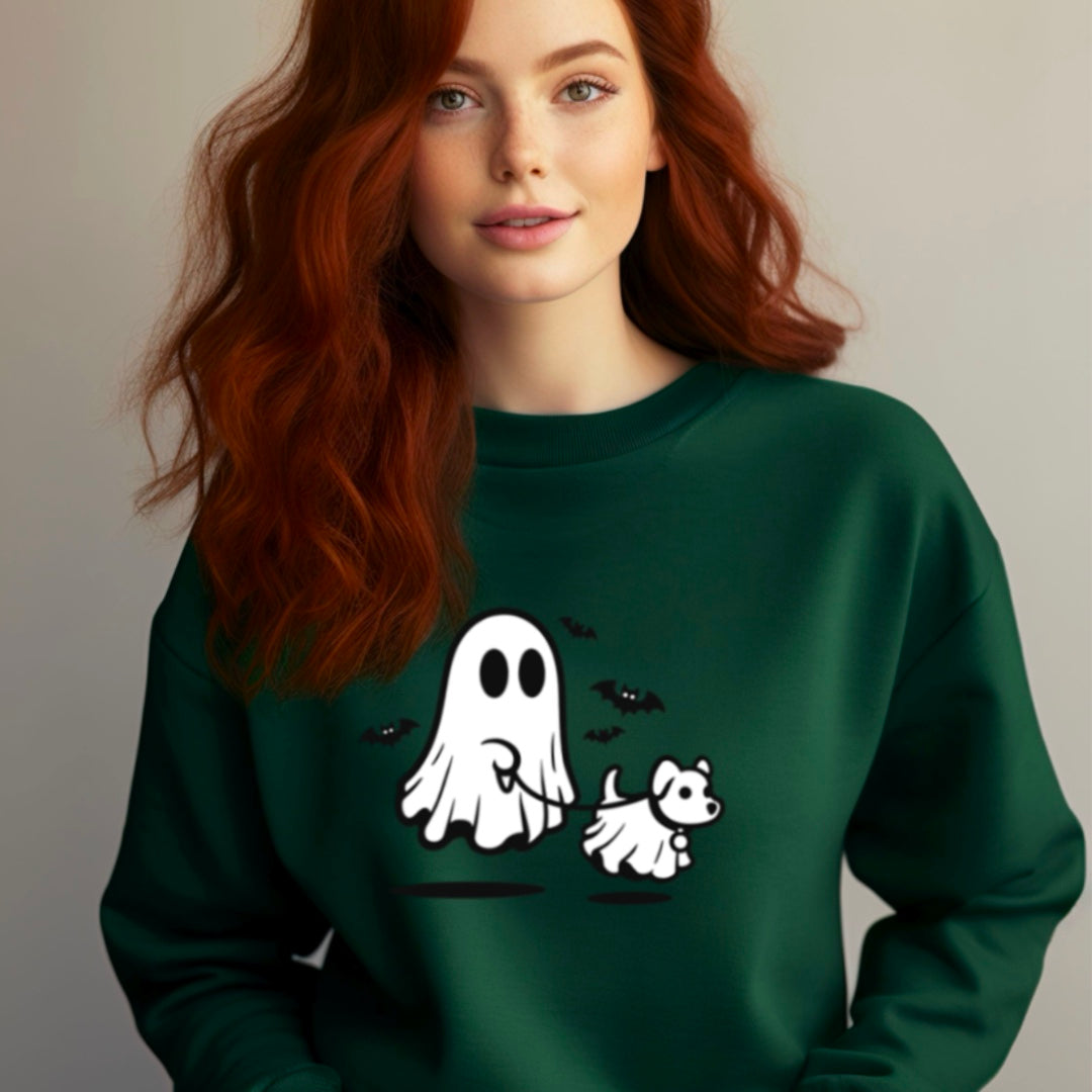 Cute Ghost Walking The Dog - Halloween Crew Sweatshirt