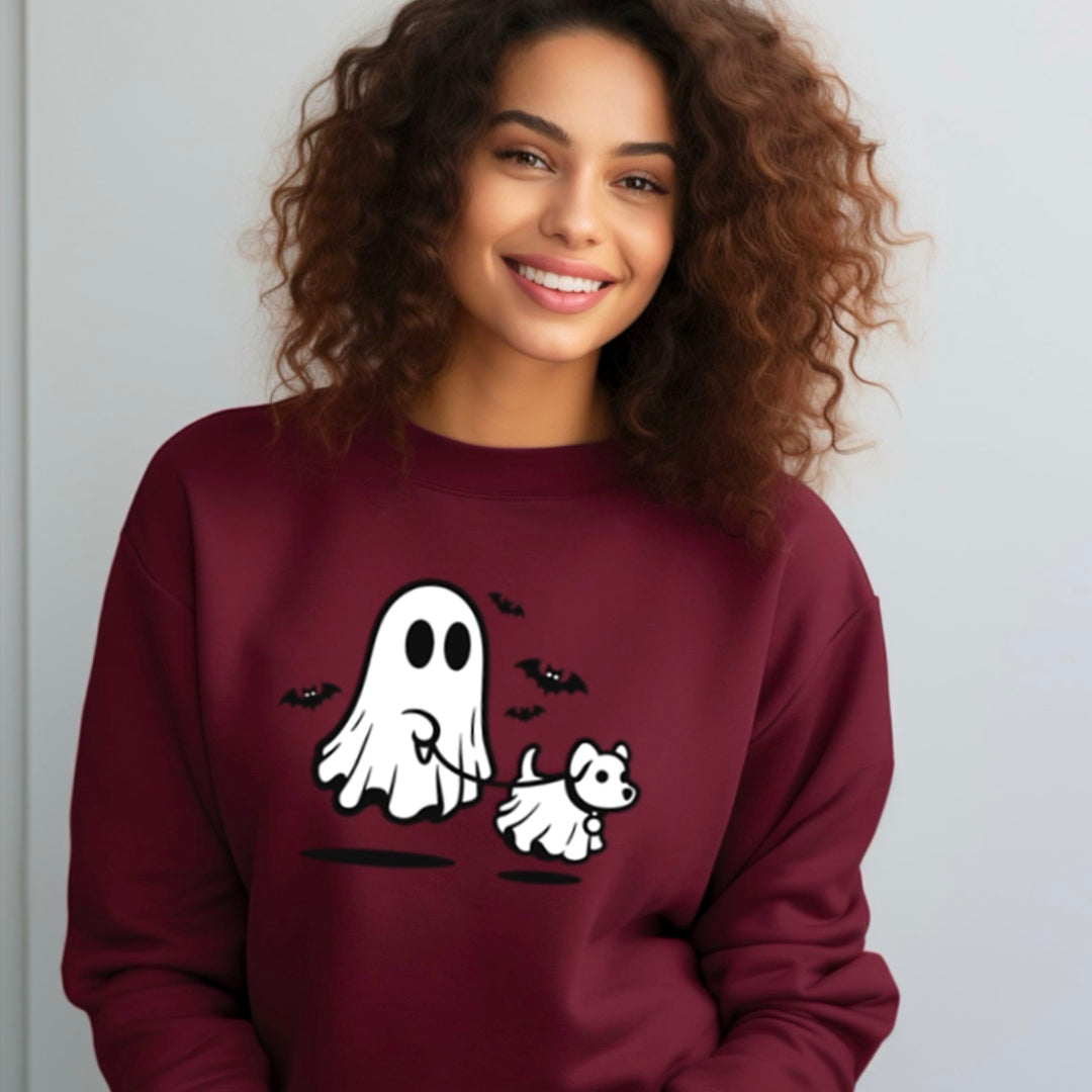 Cute Ghost Walking The Dog - Halloween Crew Sweatshirt