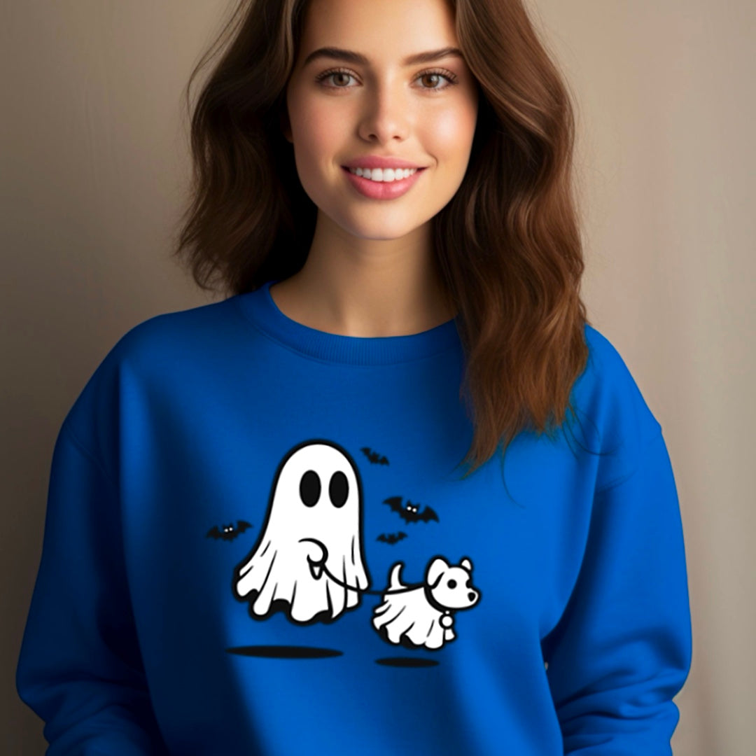 Cute Ghost Walking The Dog - Halloween Crew Sweatshirt