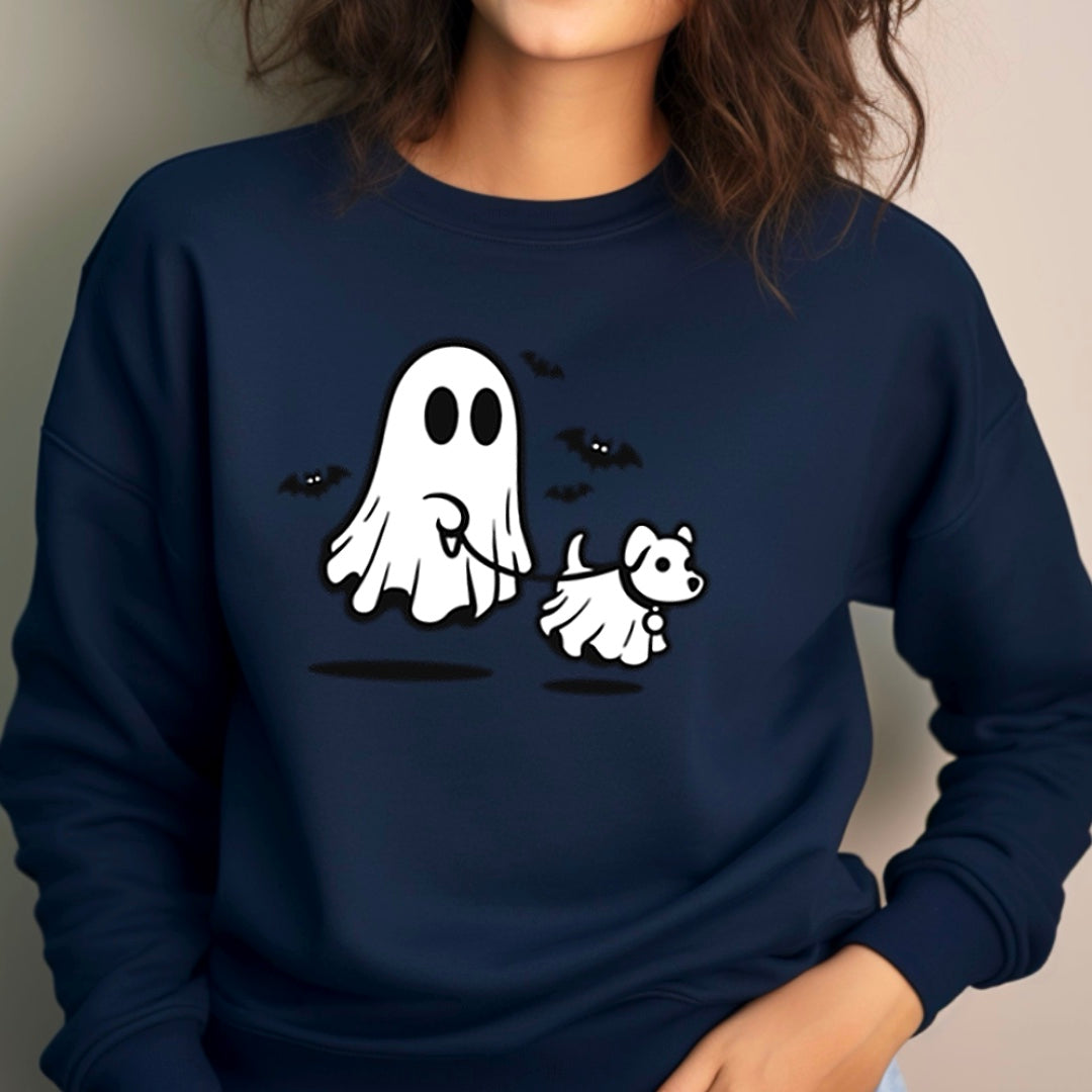 Cute Ghost Walking The Dog - Halloween Crew Sweatshirt