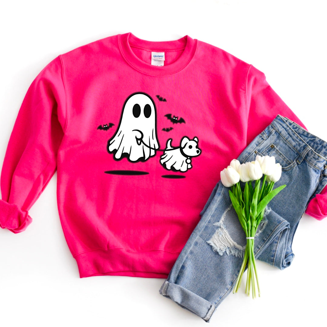 Cute Ghost Walking The Dog - Halloween Crew Sweatshirt