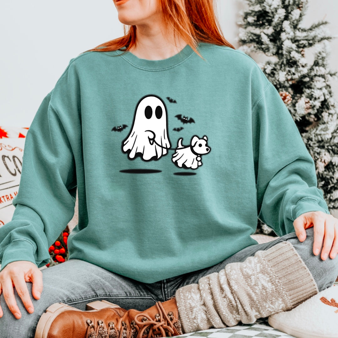Cute Ghost Walking The Dog - Halloween Crew Sweatshirt