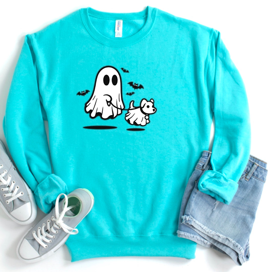 Cute Ghost Walking The Dog - Halloween Crew Sweatshirt