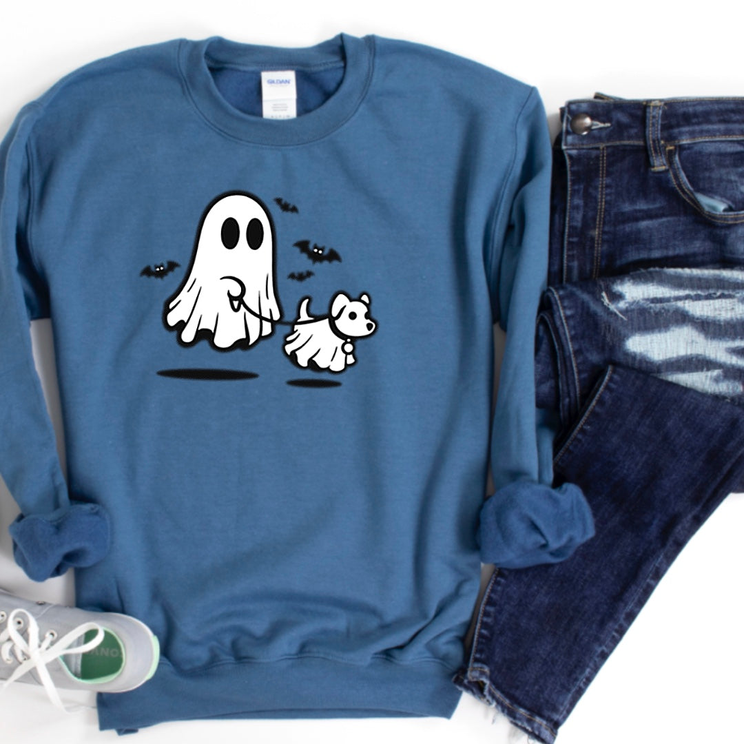 Cute Ghost Walking The Dog - Halloween Crew Sweatshirt